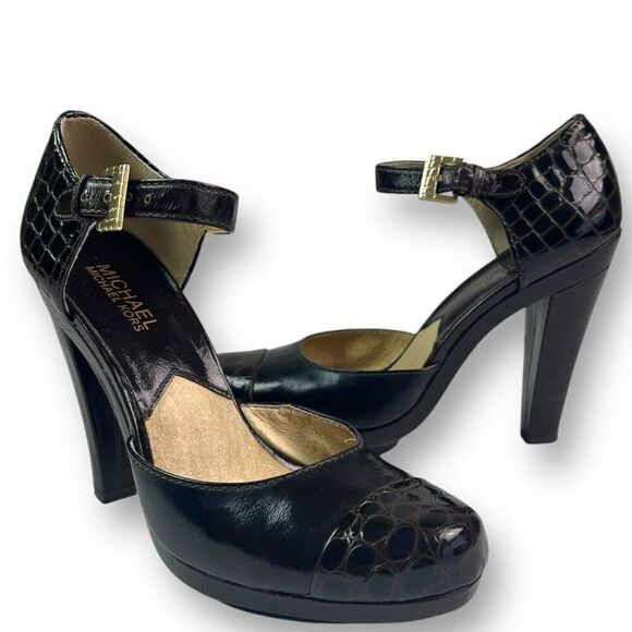 Michael Kors Brown Leather Ankle Strap Pumps 7.5 Heels Crock embossed Retro Shoe - Picture 1 of 16